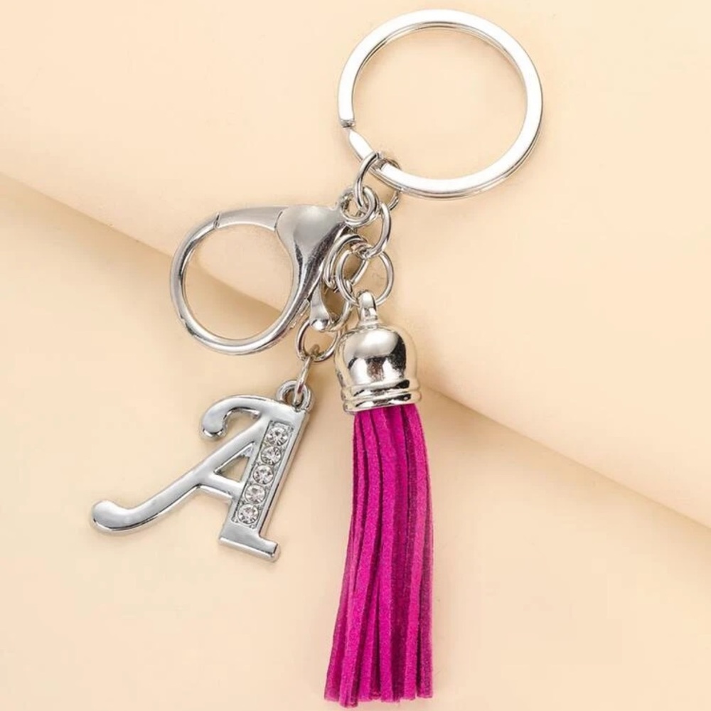 Rhinestone Decor Tassel & Letter A Charm Keychain